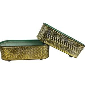 Vtg Goldcraft New York Gold Green Pair Tin Container Embossed Vanity Trinket